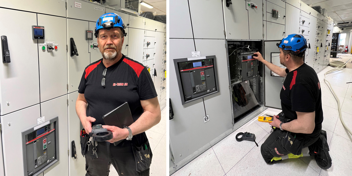 to ulike bilder i ett hvor en mannlig tavlemontør og elektriker i sorte arbeidsklær med rød logo, blå arbeidshjelm, sort arbeidsbukse og sorte sko smiler inn i kameraet foran el-tavle på bildet til venstre og arbeider med en el-tavle i bildet til høyre.